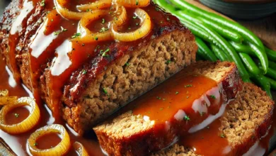Meatloaf with Caramelized Onion Gravy,